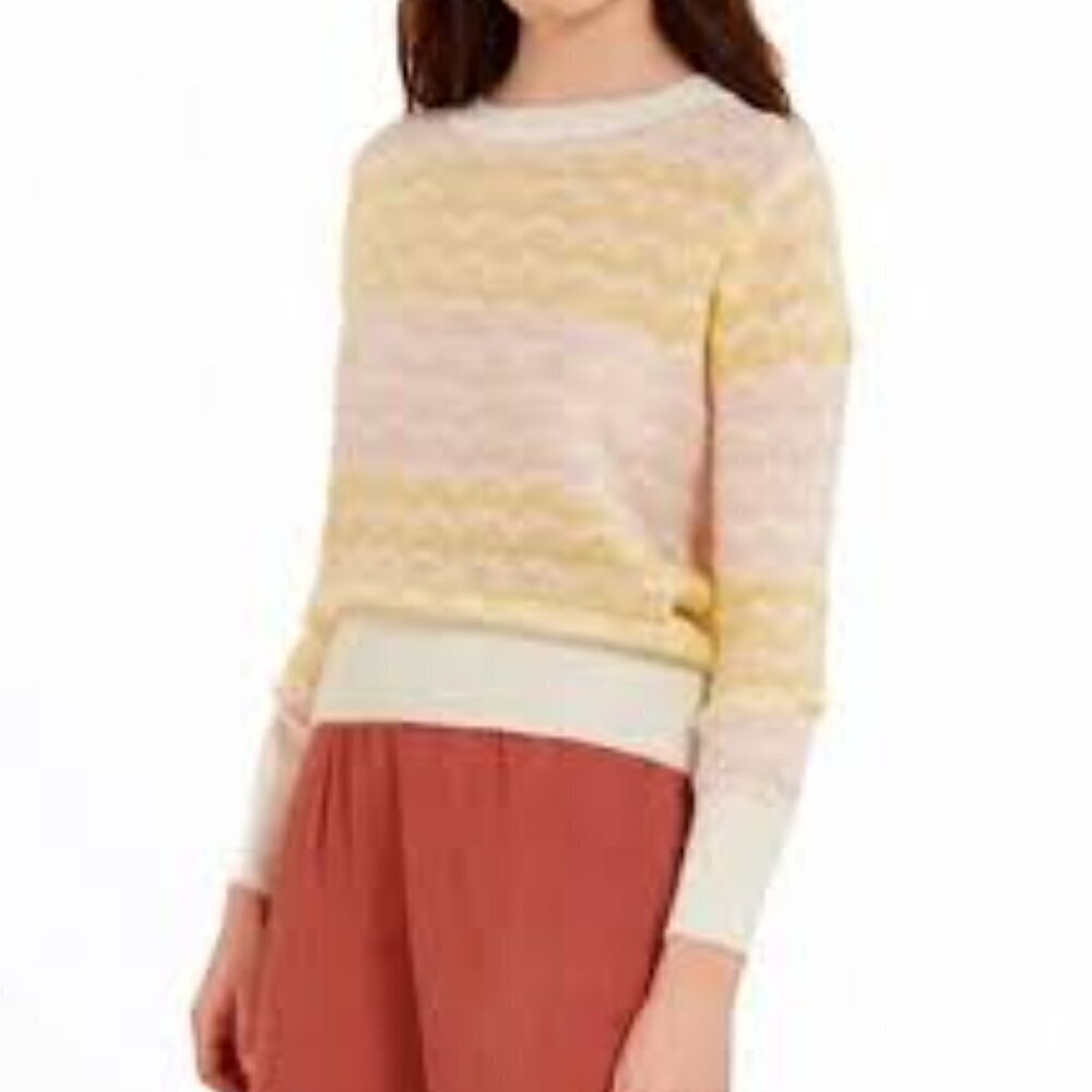 FRNCH Linette Lightweight Sweater Women's size M Ivory Pink Yellow Wavy Stripe